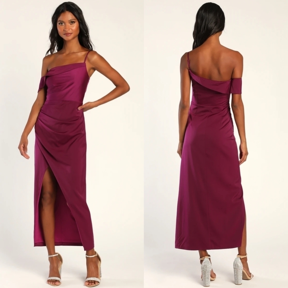 Lulus Showing Off a Little Magenta Asymmetrical Tulip Midi Dress S Wedding Party